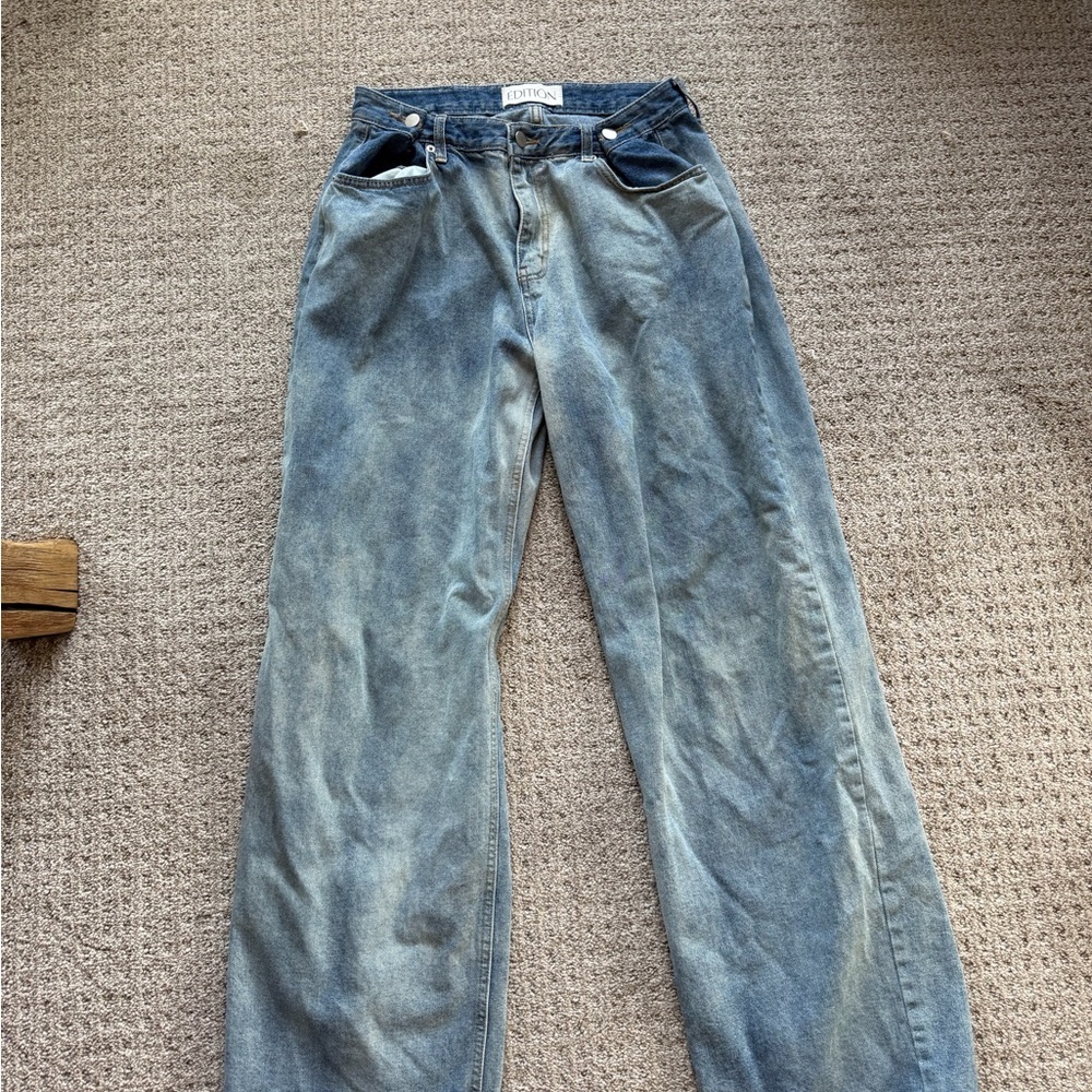 EDITION Wide Leg Two-Tone Blue Denim Jeans